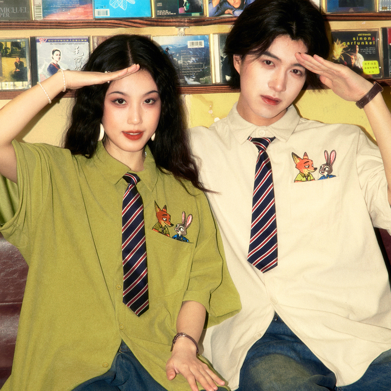Aloha Vintage Hong Kong Style Tie Two-Piece Set Corduroy Couple Embroidered Striped Short-Sleeve Shirt Summer