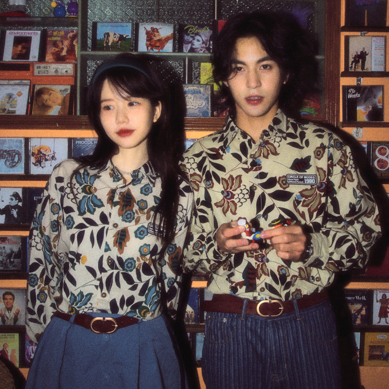 Jiuniangzi ALOHA Hawaiian couple long-sleeved floral shirt