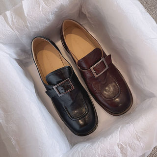 Women's Loafers with Horsehide Metal Buckle, Retro British Style, Small Leather Shoes, Square Toe, Low Heel, Belt Buckle, Slip-On Shoes