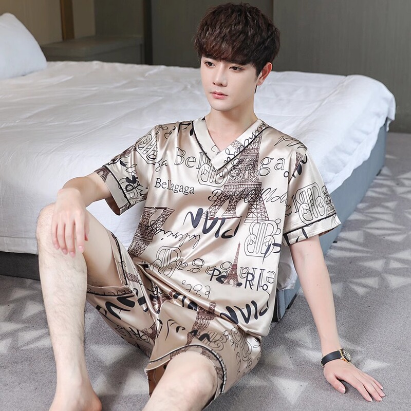 Cool Pajamas for Men, Summer Ice Silk Thin Bathrobe, Short-Sleeved Large Size Sauna Suit, Men's Youth Home Wear Set