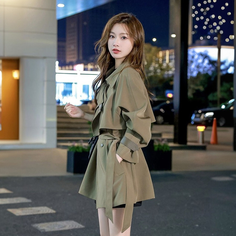 Petite Women's High-End Military Green Trench Coat, Early Autumn 2025 Design, British Style, Mid-Length Thin Jacket, Trendy