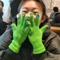 Color diamond glove knit with five fingers Water drill DIY green jewel Sub-finger Inlaid Drilling Meme Girl Gloves Annihile