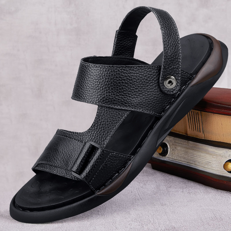 Men Sandals Sandals Summer Black New Head Layer Cow Leather Sandals Youth Casual Beach Shoes Genuine Leather Two Wearing Leather Slippers