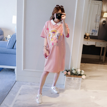 Small fresh maternity dress summer skirt mid-length Korean version loose cartoon maternity summer dress Fashionable dress