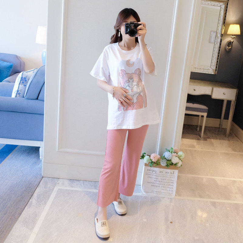 Maternity suit summer new short-sleeved t-shirt female Korean version thin top casual pregnant women trousers loose wide-leg pants