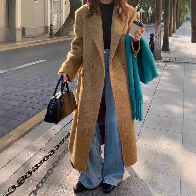 Hepburn style wool high-end camel velvet double-sided cashmere coat for women mid-length 2025 new suit collar jacket
