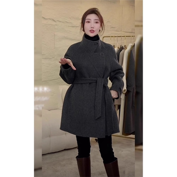 Gray mid-length double-sided wool coat for women with stand-up collar and waist 2025 autumn and winter popular woolen coat thick