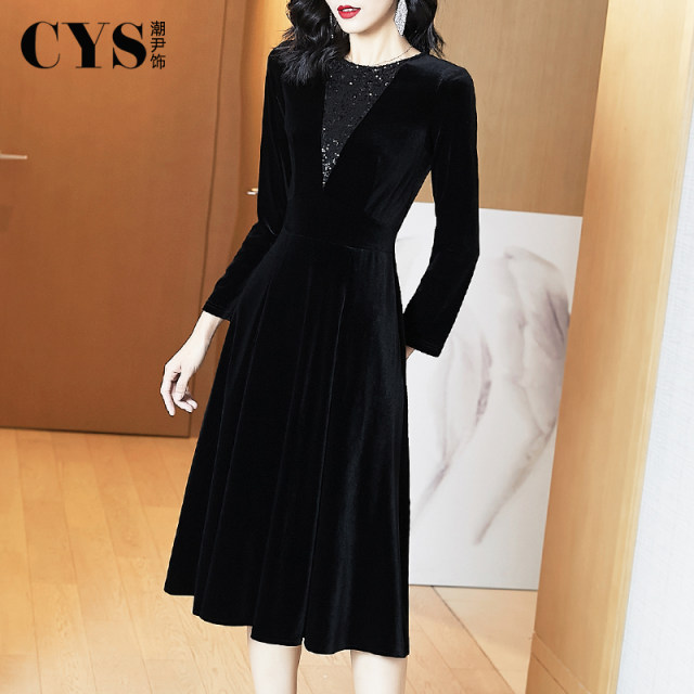 Black gold velvet dress, noble and stylish 2024 spring new style, high-end velvet skirt for women, spring and autumn