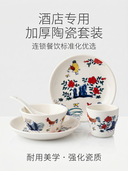 鸡缸斗彩仿古经典喜庆四件套陶瓷用品会所包厢摆盘碗盘碟套装创意