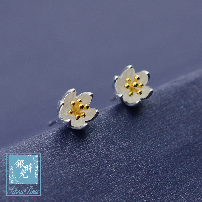 Silver Time S925 Sterling Silver Earrings Brushed Water Lily Flower Stud Earrings Thailand Chiang Mai Handmade Creative Ear Thread Ethnic Style