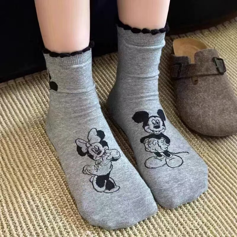 New Autumn and Winter Ab Style Cute Cartoon Mickey Mouse Lace Socks Mid-Calf Women's Socks Slouch Socks Fashion
