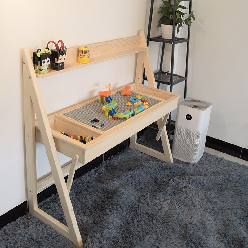 Children's building block table multifunctional toy table compatible with Lego can lift learning storage writing painting solid wood table
