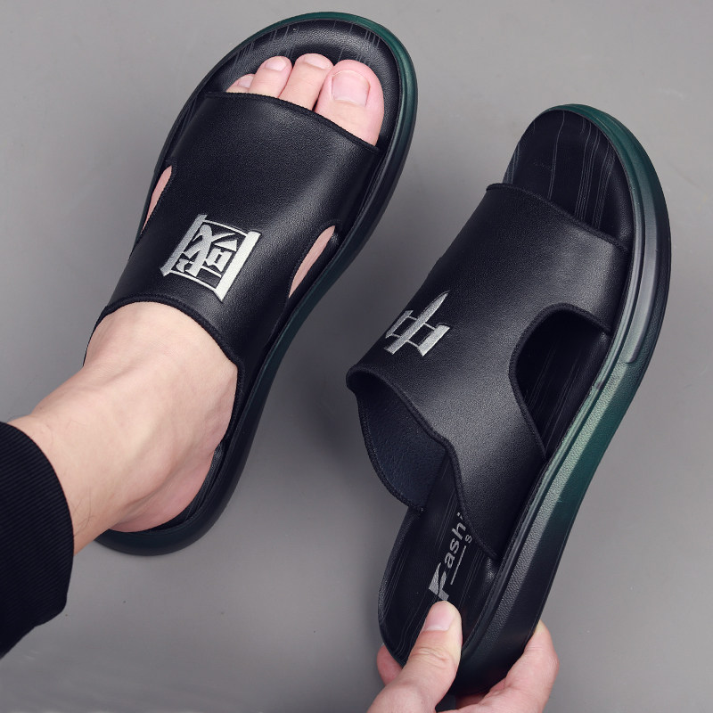 Hon Stark genuine leather slippers men's 2022 new national wind trendy casual breathable soft-bottom outdoor beach sandal