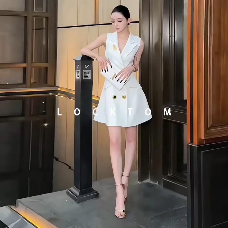 2025 Summer New Style Black Waist-Cinching Sleeveless Vest Dress Korean Style Versatile Commuter Suit Collar Double-Breasted Dress