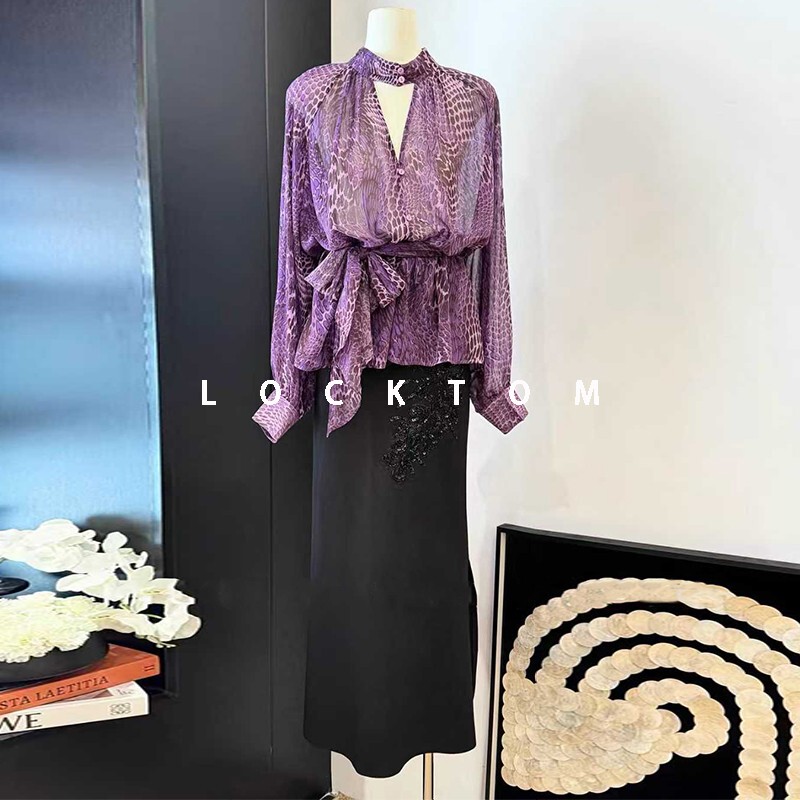 2026 Sexy Style Purple Lace Ribbon Shirt for Women, Long-Sleeved V-Neck Tie, Thin Printed Waist-Cinching Versatile Top