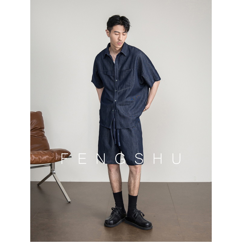 Fengshu「Lyocell Blend」Summer Denim Shirt and Shorts Set for Men, Vintage Loose Commuting Two-Piece Set