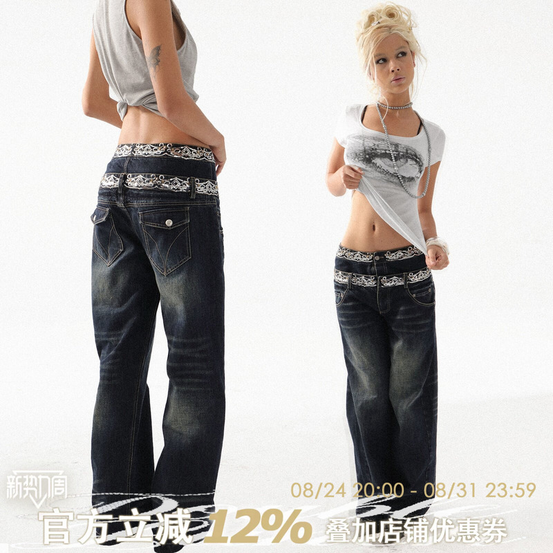 Doublepunch Spring and Summer Original Loose Scimitar Double Waistband Sequin Embroidered Distressed Low-Rise Jeans Doublepunch Spring and Summer Original Loose Scimitar Double Waistband Sequin Embroidered Distressed Low-Rise Jeans