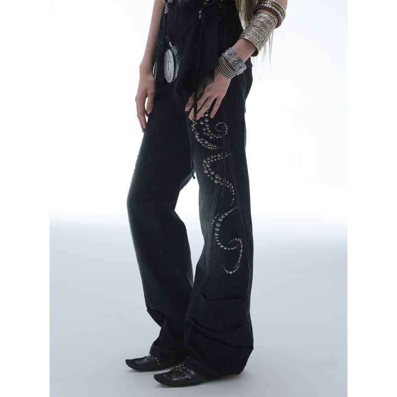Doublepunch Spring and Autumn Original Vintage Style Straight-Leg Slightly Flared Distressed Rhinestone Frayed Baggy Jeans