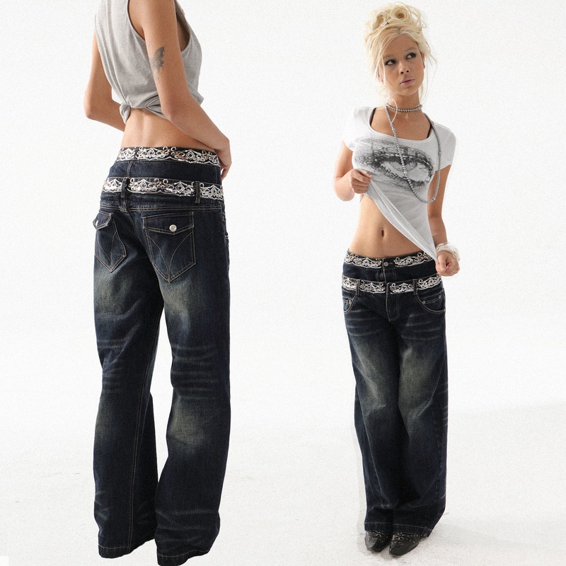 Doublepunch Spring and Summer Original Loose Scimitar-Cut Double Waistband Sequin Embroidered Distressed Low-Rise Jeans
