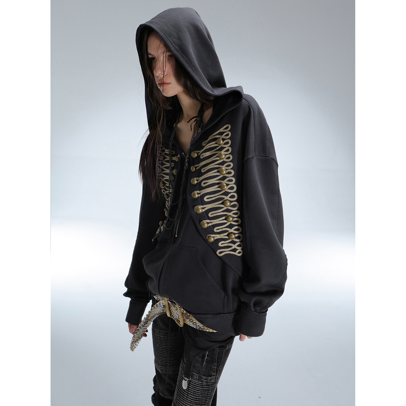 Doublepunch Spring and Autumn Classic Napoleon Style Embroidered Metal Buckle Loose Hooded Sweatshirt Zipper Jacket