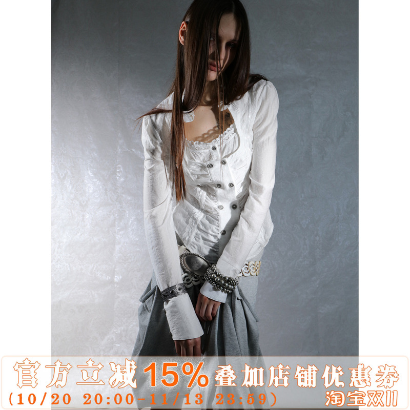 Doublepunch Spring and Summer Original Retro Palace Lace Splicing Square Collar Slim Long-Sleeved Shirt Doublepunch Spring and Summer Original Retro Palace Lace Splicing Square Collar Slim Long-Sleeved Shirt