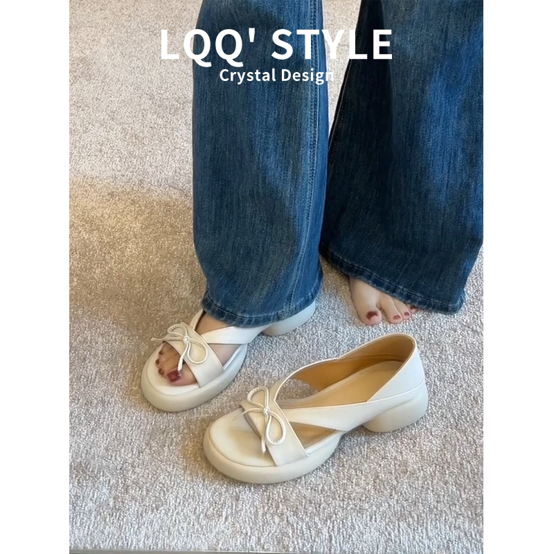 Genuine Leather~Thick-Soled High-Heeled Sandals for Women, New Summer Style, Stunning Cool Single Shoes, French-Style Versatile Bow-Knot Roman Shoes