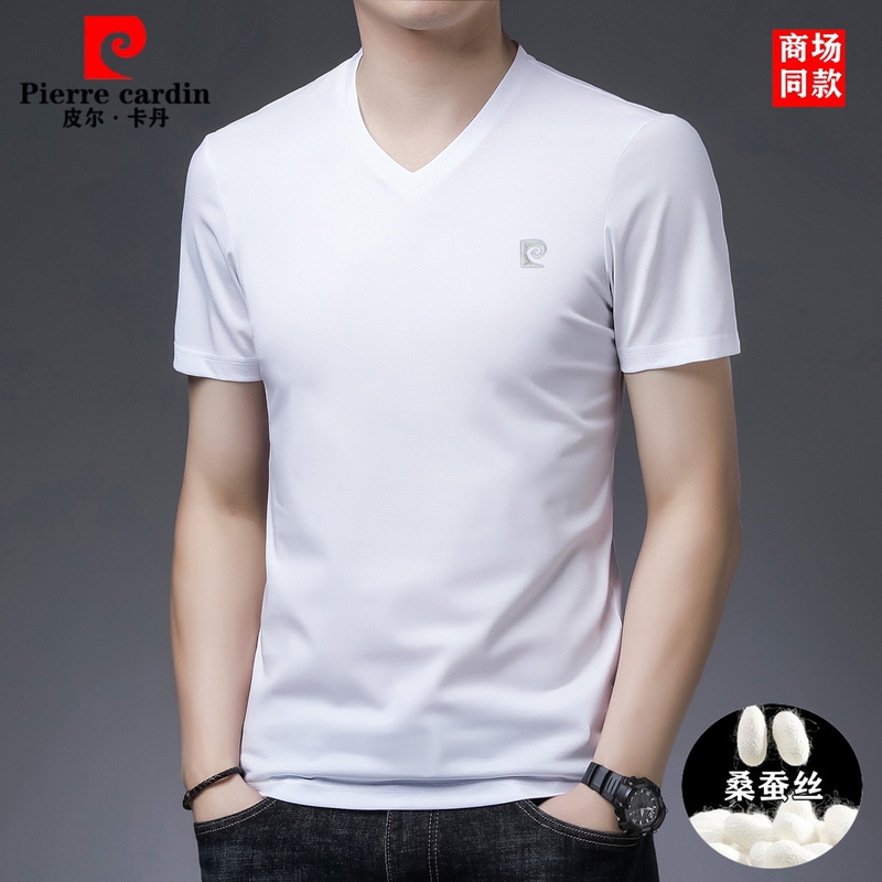 Pierre Cardin Short-Sleeved T-Shirt Men's V-Neck 2026 New Summer Thin Silk Cool-Feel Half-Sleeved Men's White Top