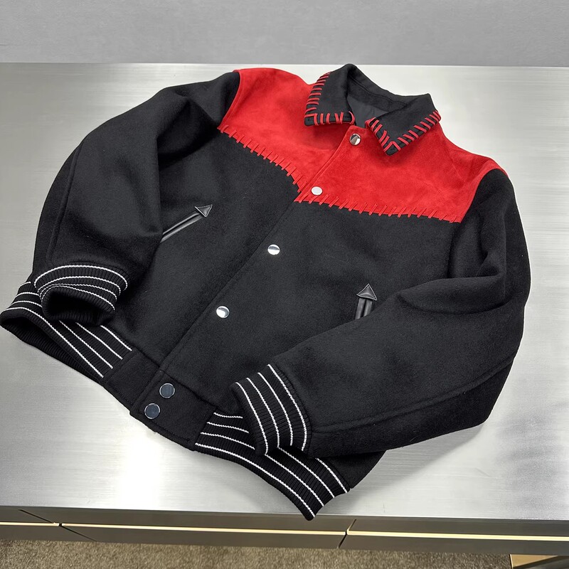 Clearance Sale Special Price: Unisex Two-Tone Bomber Jacket with Sheepskin and Cashmere Patchwork Baseball Jacket Leather Short Coat