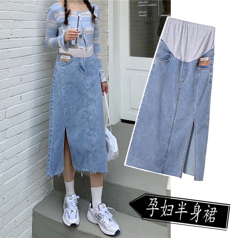 Pregnant Woman Half Body Dress Spring Autumn Clothing Slim Fit Cowboy Dress New Bag Hip Boomer Hit Bottom Step Skirt Mid Length Dress Summer