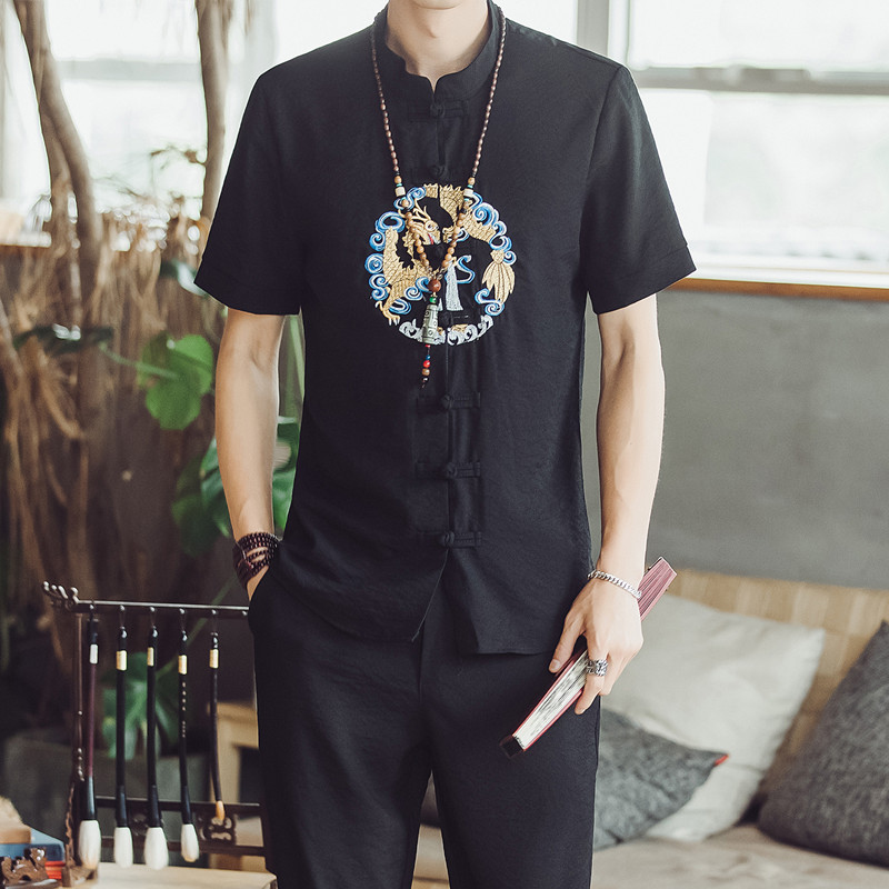 Nine-Point quần mùa hè của nam giới Set nam kiểu Trung Quốc thêu trên nam ngắn tay áo T-Shirt Trend Tang ăn mặc của nam giới Men