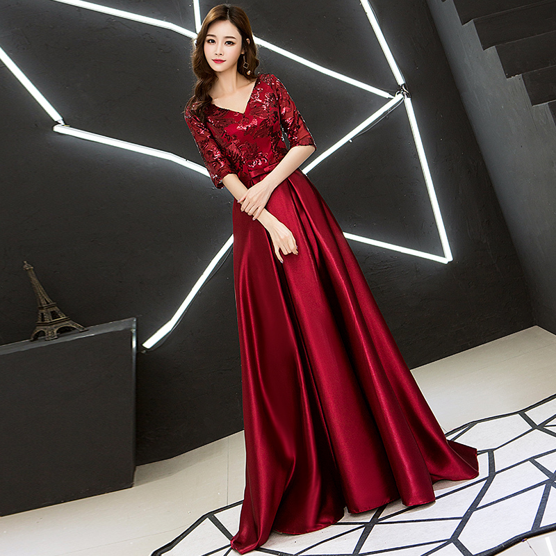 Long V Neck Mid-Sleeve Banquet Evening Dress 2025 New Wedding Toast Dress Performance Dress Choir Female Student