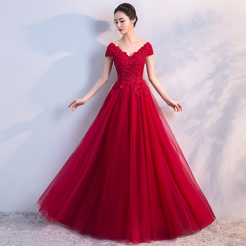 Long Bridal Wedding Burgundy Toast Dress One-Shoulder Gown 2024 New Maternity High-Waisted Banquet Short-Sleeved Dress for Women