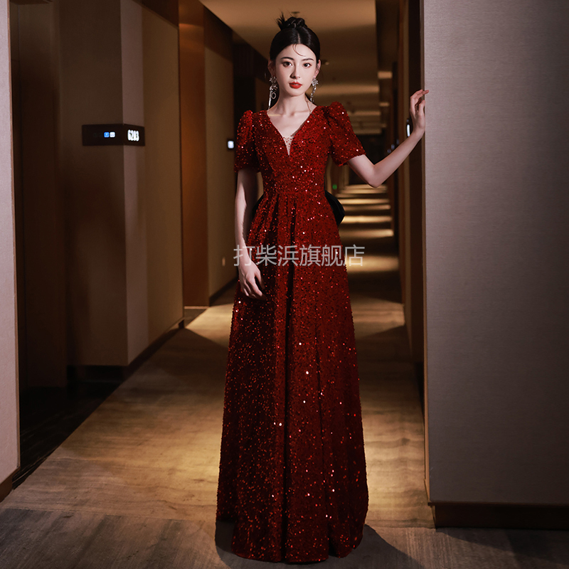 Bride's Wedding Toast Evening Dress Long Short-Sleeved Dress for Banquet Annual Meeting Host Performance Burgundy V-Neck