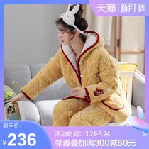 Pajamas Woman Autumn Winter Clip Cotton Coral Suede Hoodie Cardiovert adorable three-layer thickened Garnter Thickened Warm Home Suit Winter