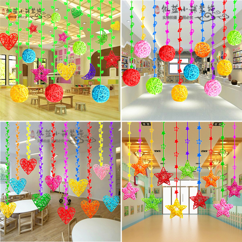 Kindergarten hanging decoration Hanging corridor Classroom Creative rattan woven leaf strip ball Air decoration Spring creation material product ball