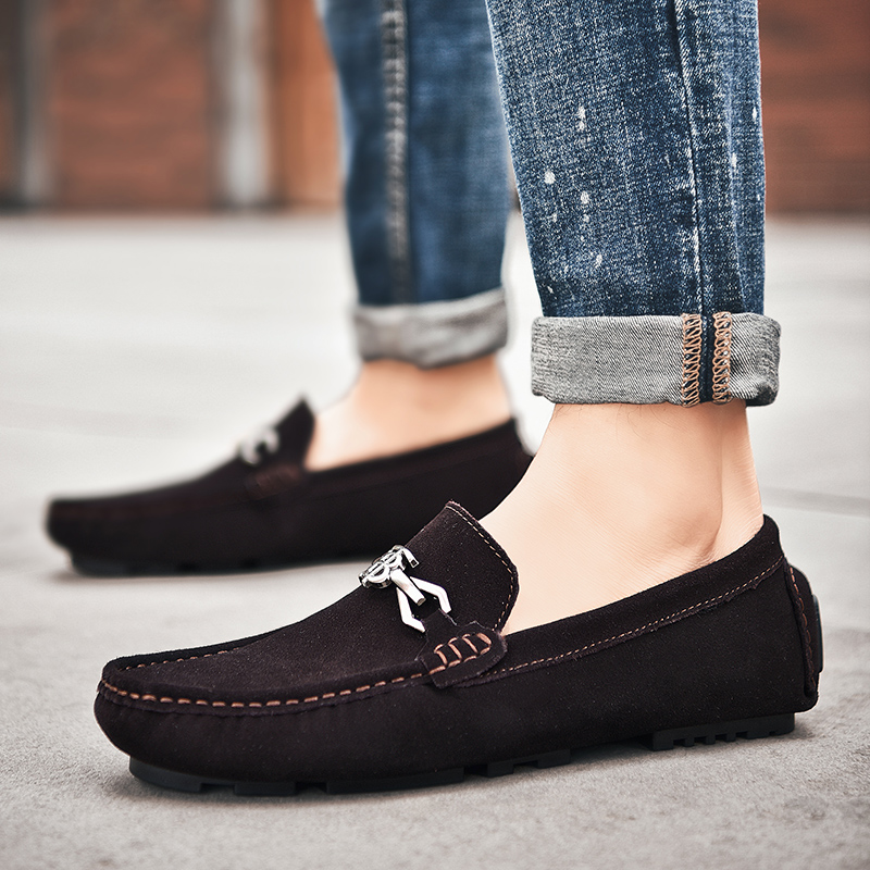 Hong Kong boomers Genuine Leather Bean Shoes Men's Spring New Korean Version 100 Hitch Casual Word Pedaling Sloth Fashion Lefu Shoes