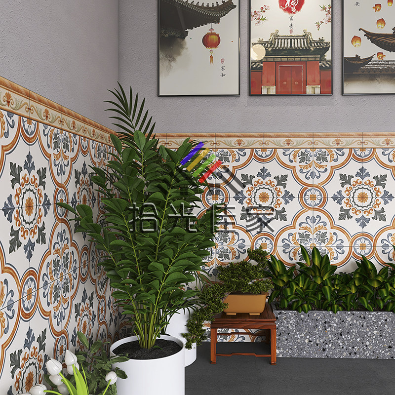 Old Shanghai retro small flower brick yellow dining room homestay parquet carpet tile non-slip floor tile balcony wall tile 300