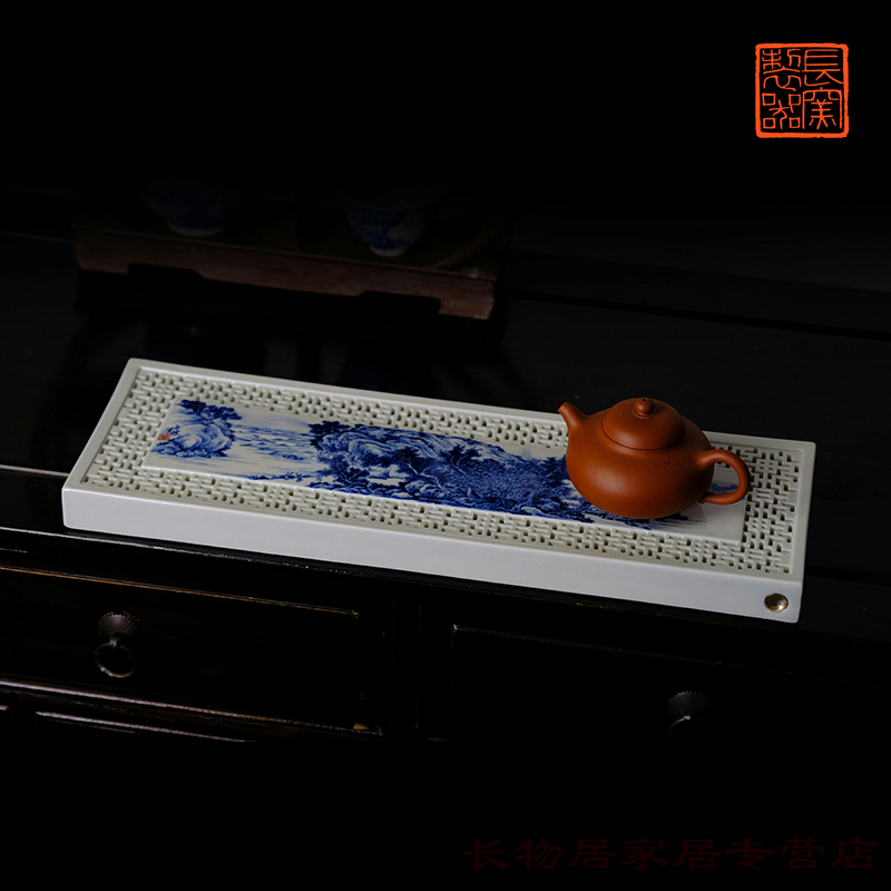 Long up offered home - cooked wen - bo xiong the teacher in blue and white landscape planning staff and friends hand hollow - out dry mercifully set of jingdezhen tea service