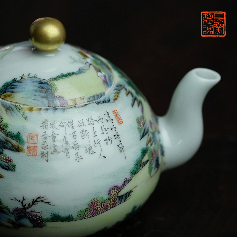 Long up controller offered home - cooked pastel qingming outing in poetic figure teapot jingdezhen pure manual imitation of tea set