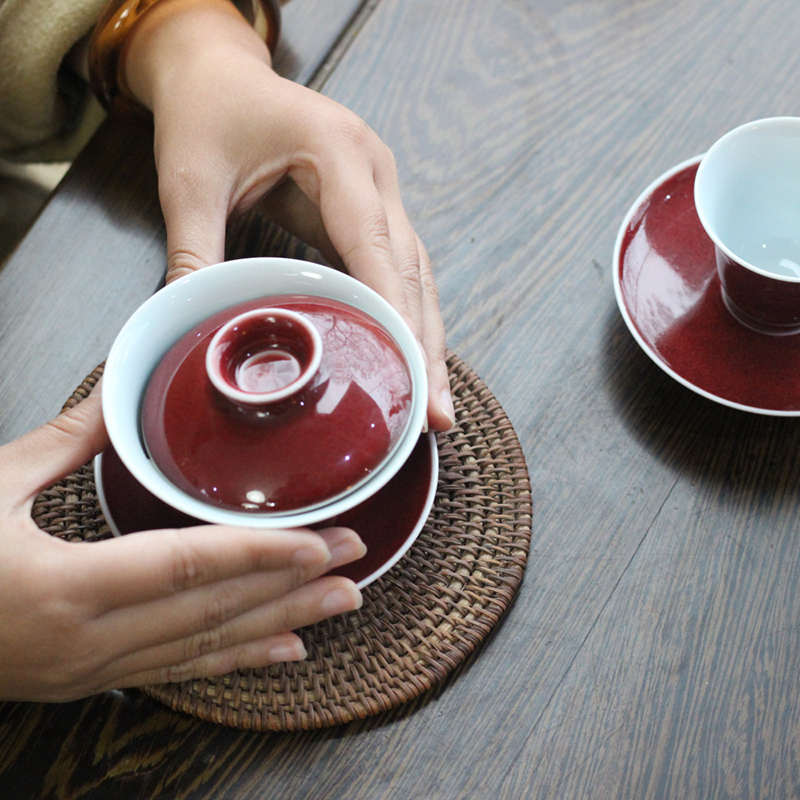 Offered home - cooked taste at the red ji red glaze three it tureen lid cup of jingdezhen ceramic tea bowl of tea by hand