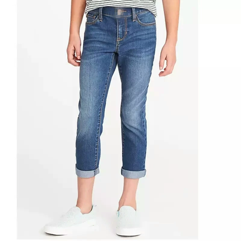 Mùa hè cô gái mỏng mặc bảy điểm jeans độ đàn hồi cao trong các trẻ em lớn đàn hồi eo mềm denim feet quần cha mẹ và con