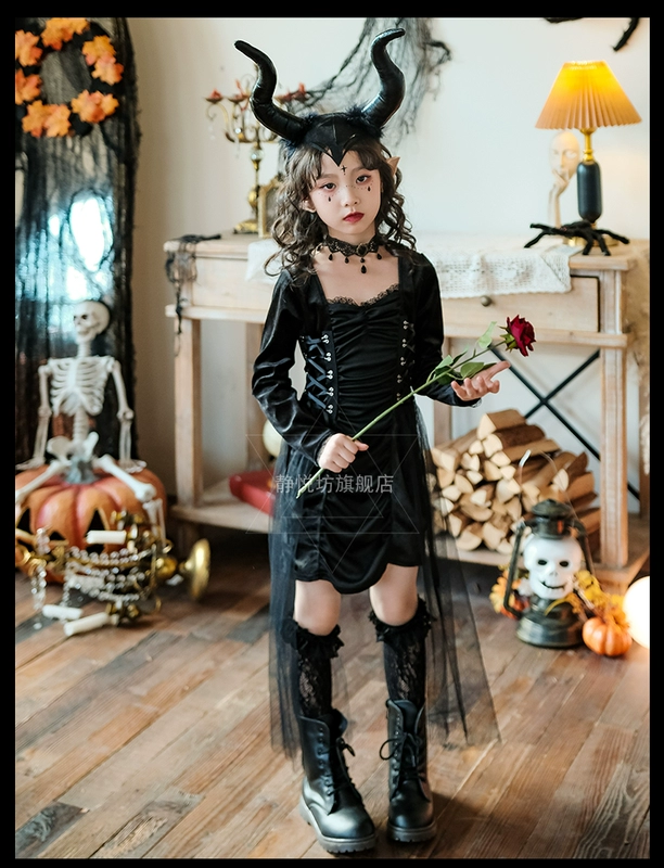 Halloween trẻ em Gothic đậm phù thủy váy bé gái quỷ nhỏ cos trang phục phù thủy trang phục sân khấu