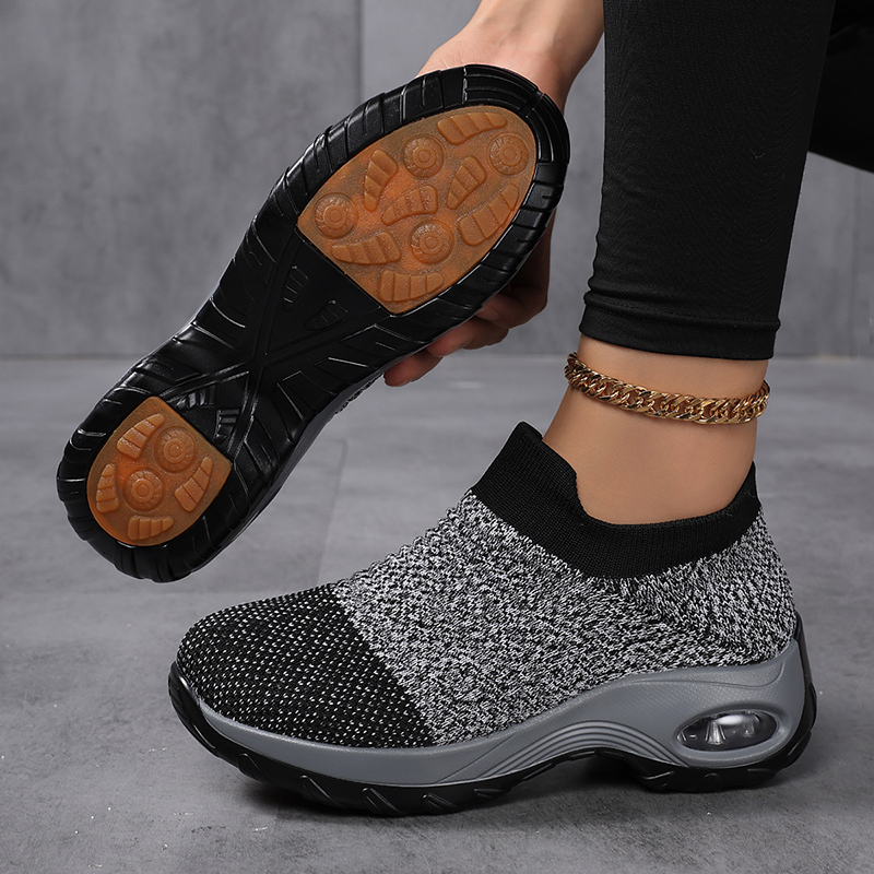 Large Size Mom Shoes with Beef Tendon Soles, Rocking Sole Sock Shoes, Casual Style Fly-Knit Women's Shoes, Slip-On Thick-Soled Air-Cushion Shoes for Spring