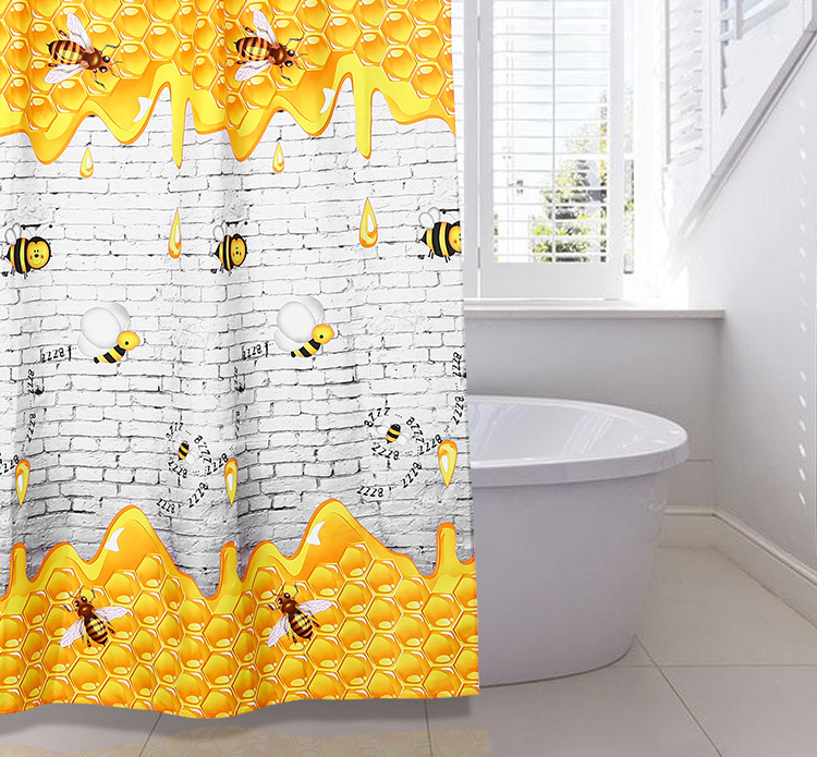 Cartoon polyester fiber shower curtain Cute bee fashion warm shower curtain waterproof and mildew shower curtain Send shower curtain ring