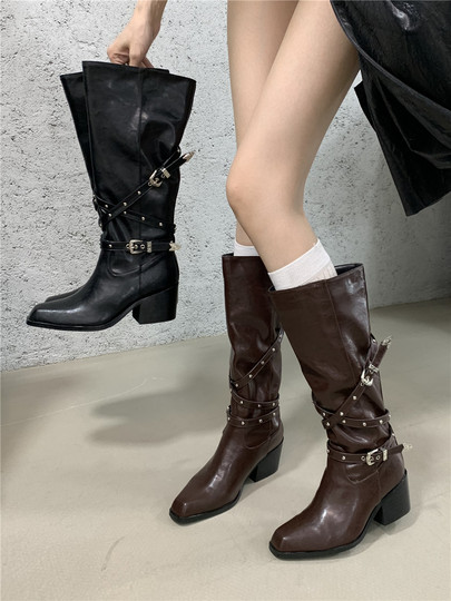 Botas de moda coreana, hebilla de cinturón de alta gama, tacones pequeños y gruesos, botas altas, tacones hasta la rodilla para mujer, botas delgadas