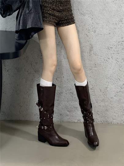 Botas de moda coreana, hebilla de cinturón de alta gama, tacones pequeños y gruesos, botas altas, tacones hasta la rodilla para mujer, botas delgadas