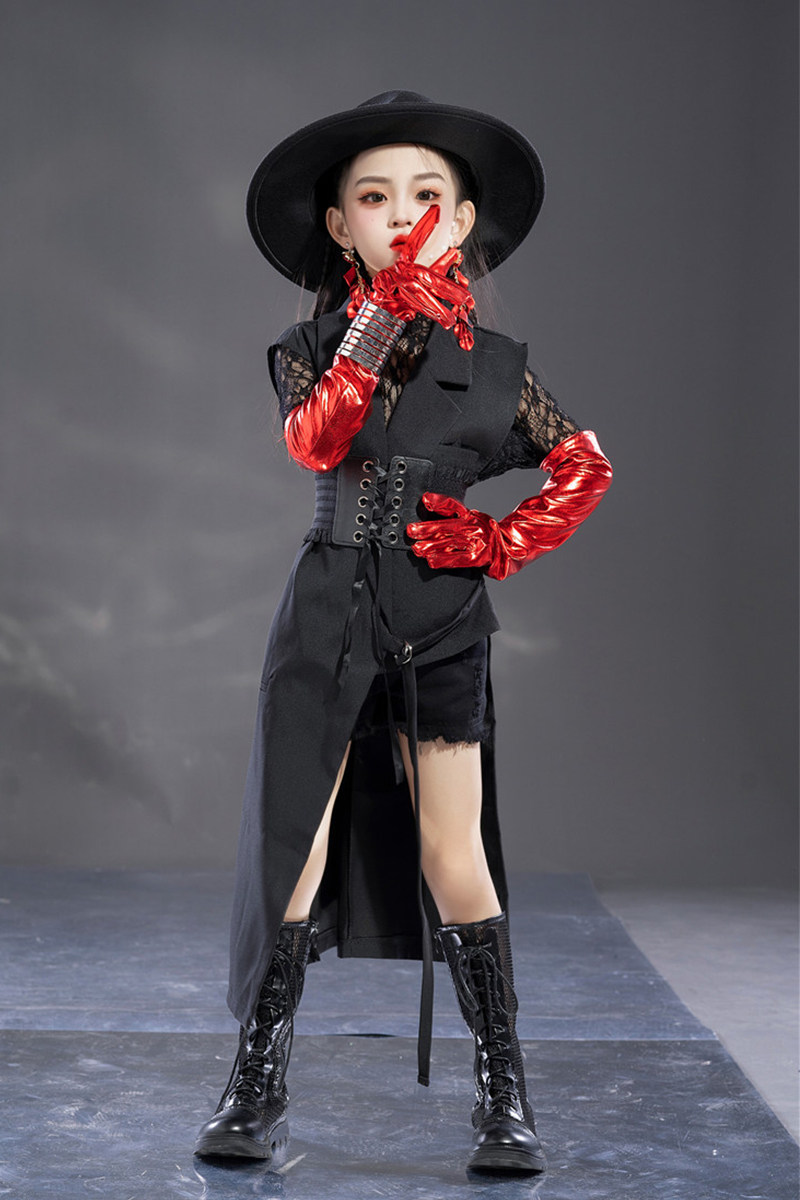 Bully Black Asymmetrical Suit Children Model T Walk Show Girl Handsome Fashion Show Suit Surge Suit New