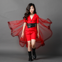 Childrens model catwalk costumes red fashion suit girls performance dress cloak trailing childrens model clothing