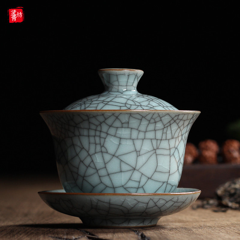 Celadon three Cai-covered bowl tea cup Single ceramic Gongfu tea with large tea bowl Household Longquan Ge kiln ice crack