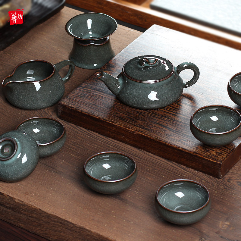 Longquan celadon set of high-end kung fu tea set handmade Koyao iron tire ice crack teapot tea cup set household ceramics